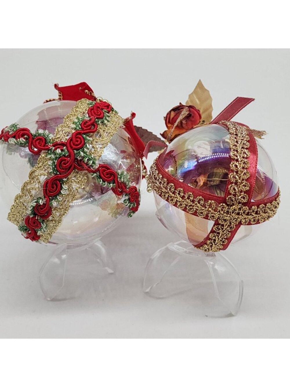 Glass Christmas Ornaments Red & Gold Ribbon Roses Berries Leaves Vintage 3" - Picture 8 of 8